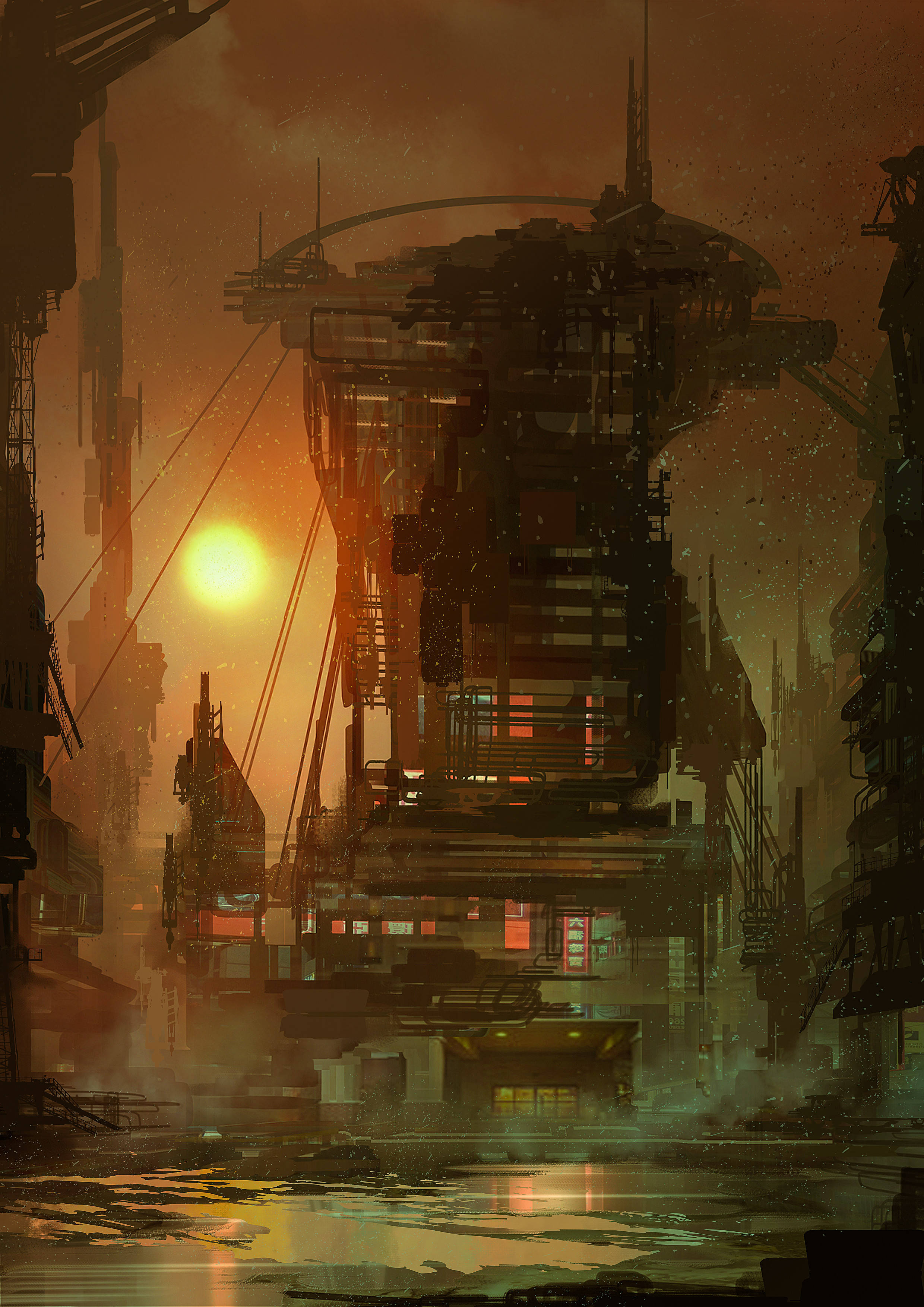 Valaistu steampunk-rakennus ikuistettuna auringonlaskussa Taustakuvat