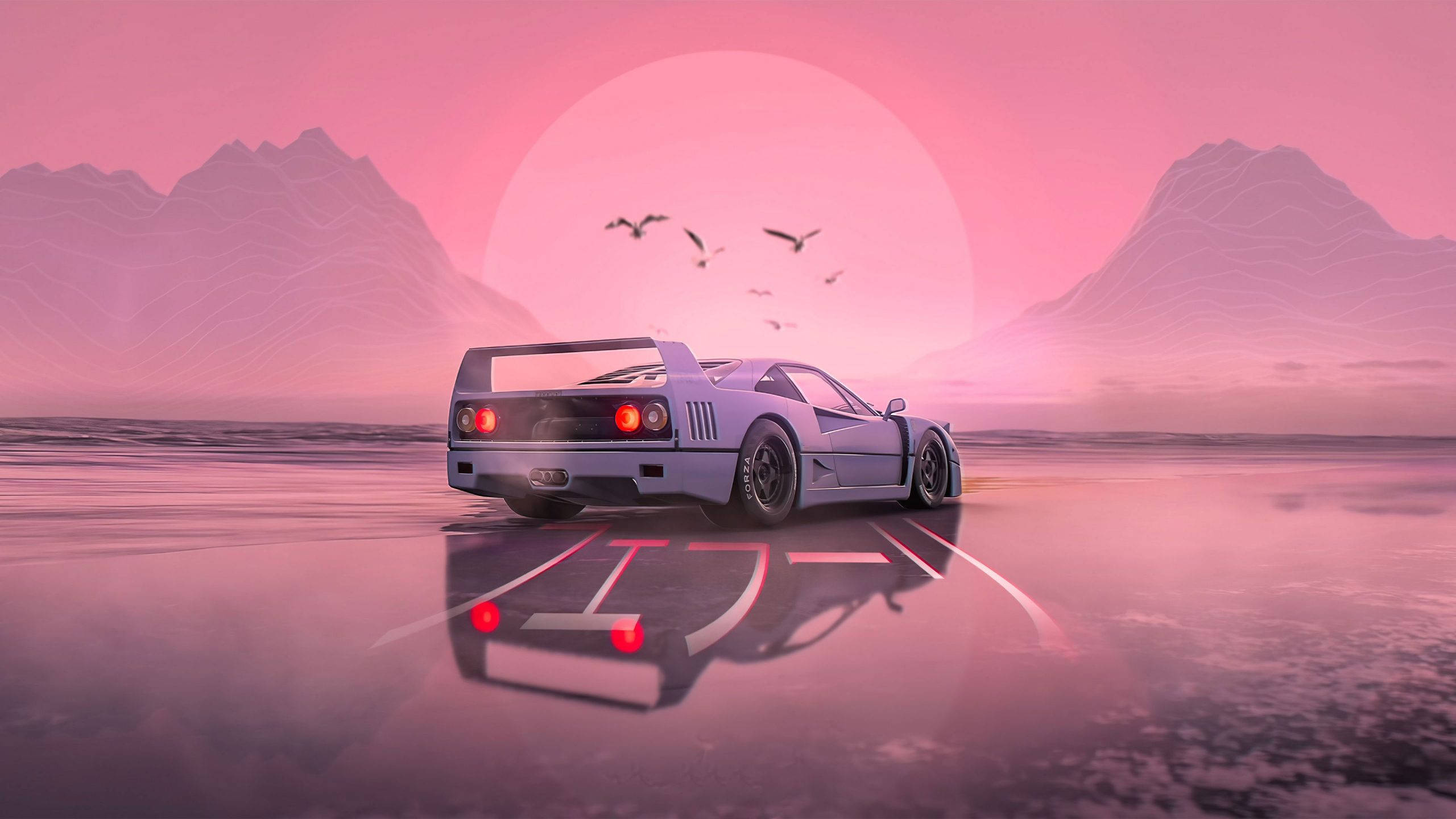 Valkoinen animeauto vaaleanpunaisella maisemalla Taustakuvat