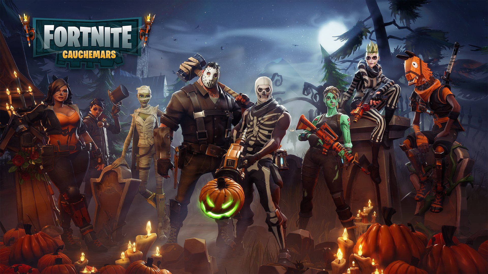 Uusia Halloween-teemaisia skinejä Fortnitessa HD-taustakuvana.