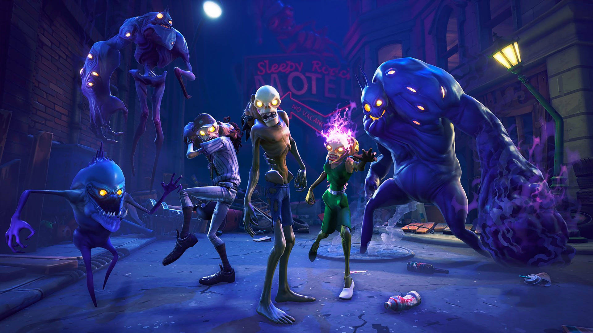 Zombieita eri asuissa ja minipomoja Save The World -tilasta Fortnite-taustakuvassa.
