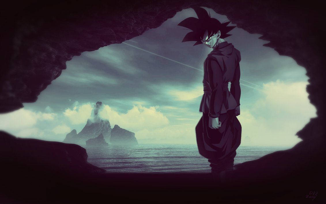 Goku-taustakuva mustavalkoisessa maisemassa