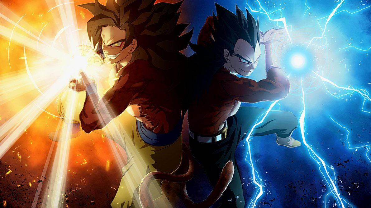 Dragon Ball Z Super Saiyan Vegeta, super broly luomassa salamaniskuja sinisellä tulipallolla.