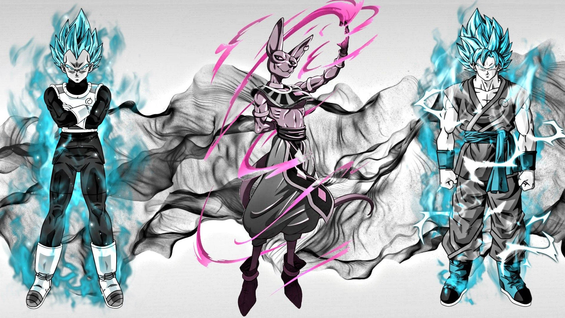 Dragon Ball Super broly Vegeta ja San Goku super saiyan -tilassa harmaalla taustalla.