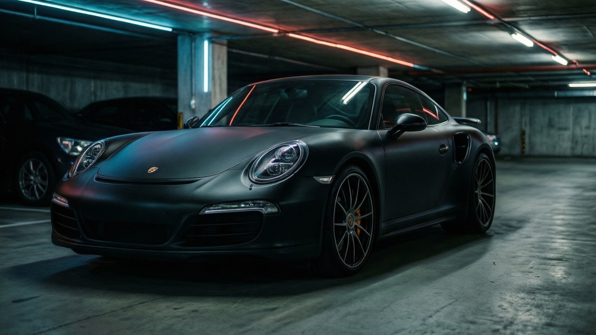 Musta mattapintainen Porsche 911 Turbo S erottuu tunnelmallisessa maanalaisessa autotallissa neonheijastuksilla. — Hienot autot GIF Taustakuvat