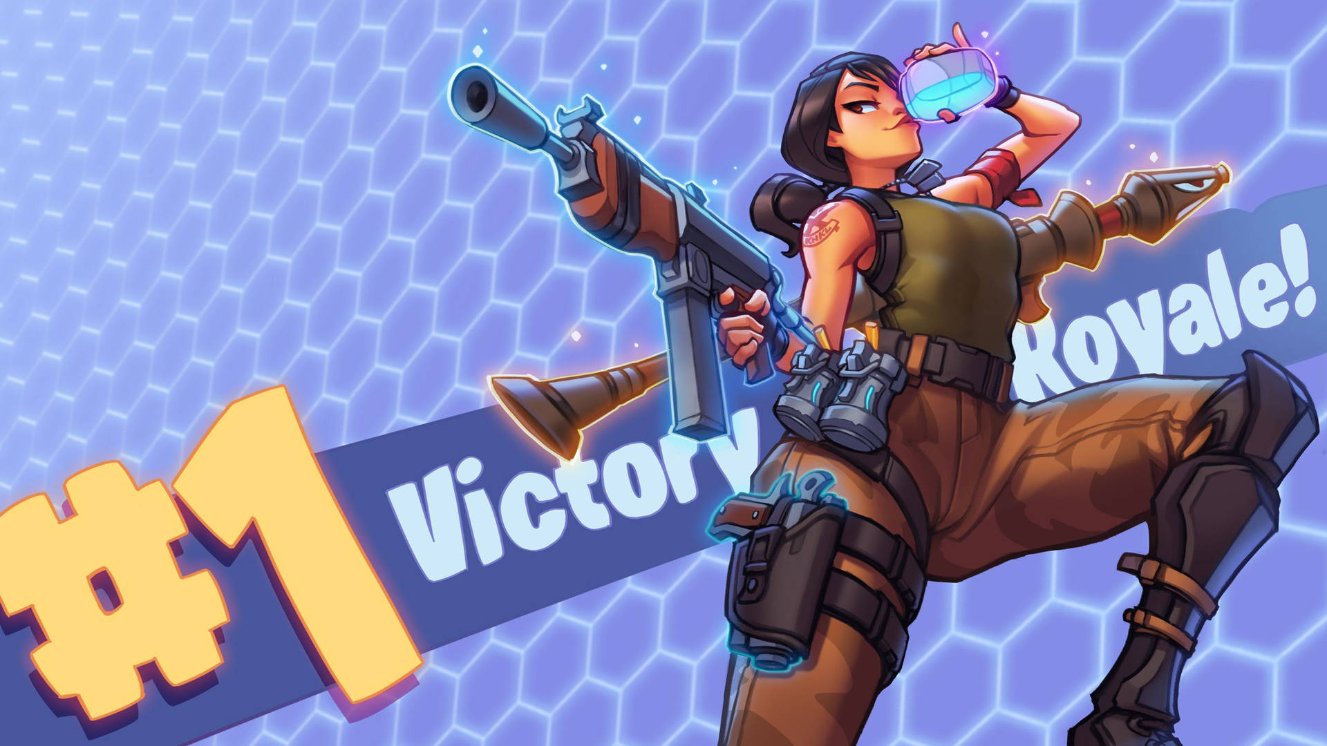 Naispuolinen hahmo Fortnitesta pitämässä asetta ja juomassa kilpijuomaa taustakuva.