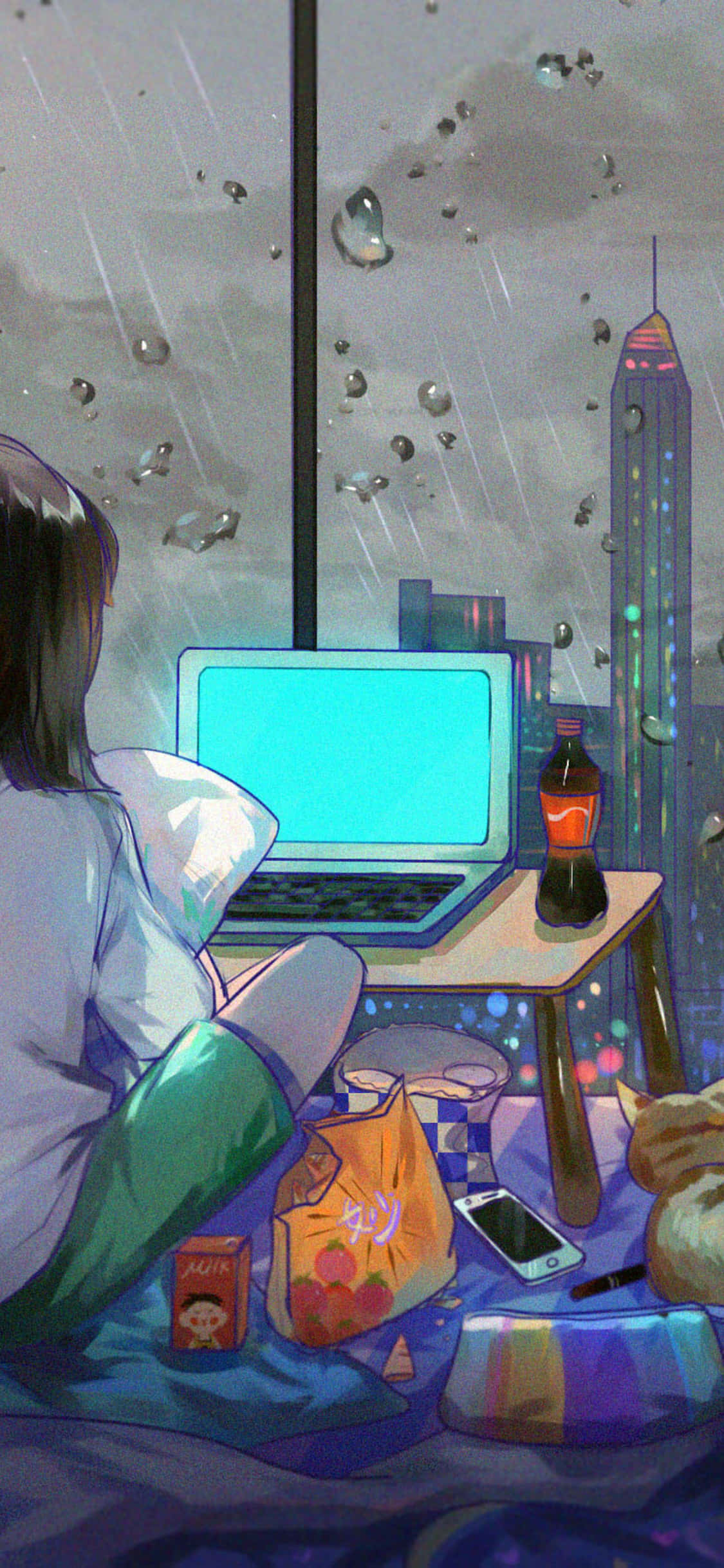 Viehättävä animehuone panoraamanäkymällä kaupunkiin Taustakuvat