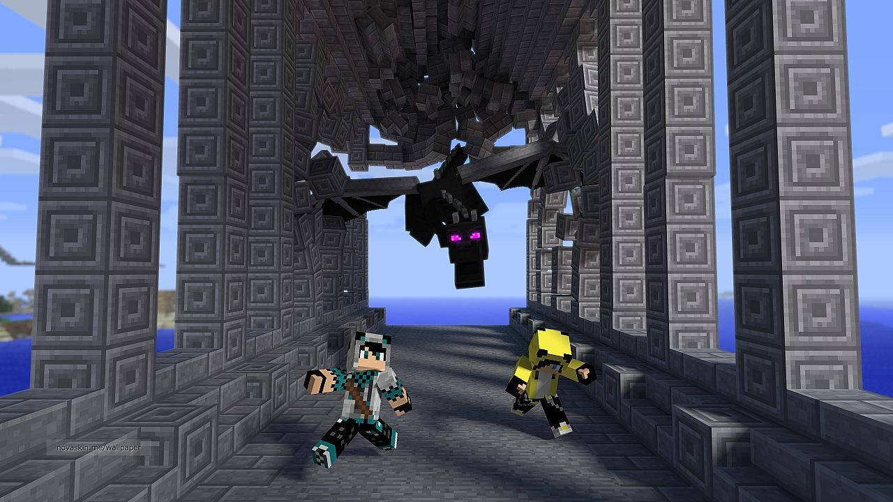 Vihamielisten hirviöiden lauma jahtaa pelaajaa Minecraft-kylästä. Taustakuvat