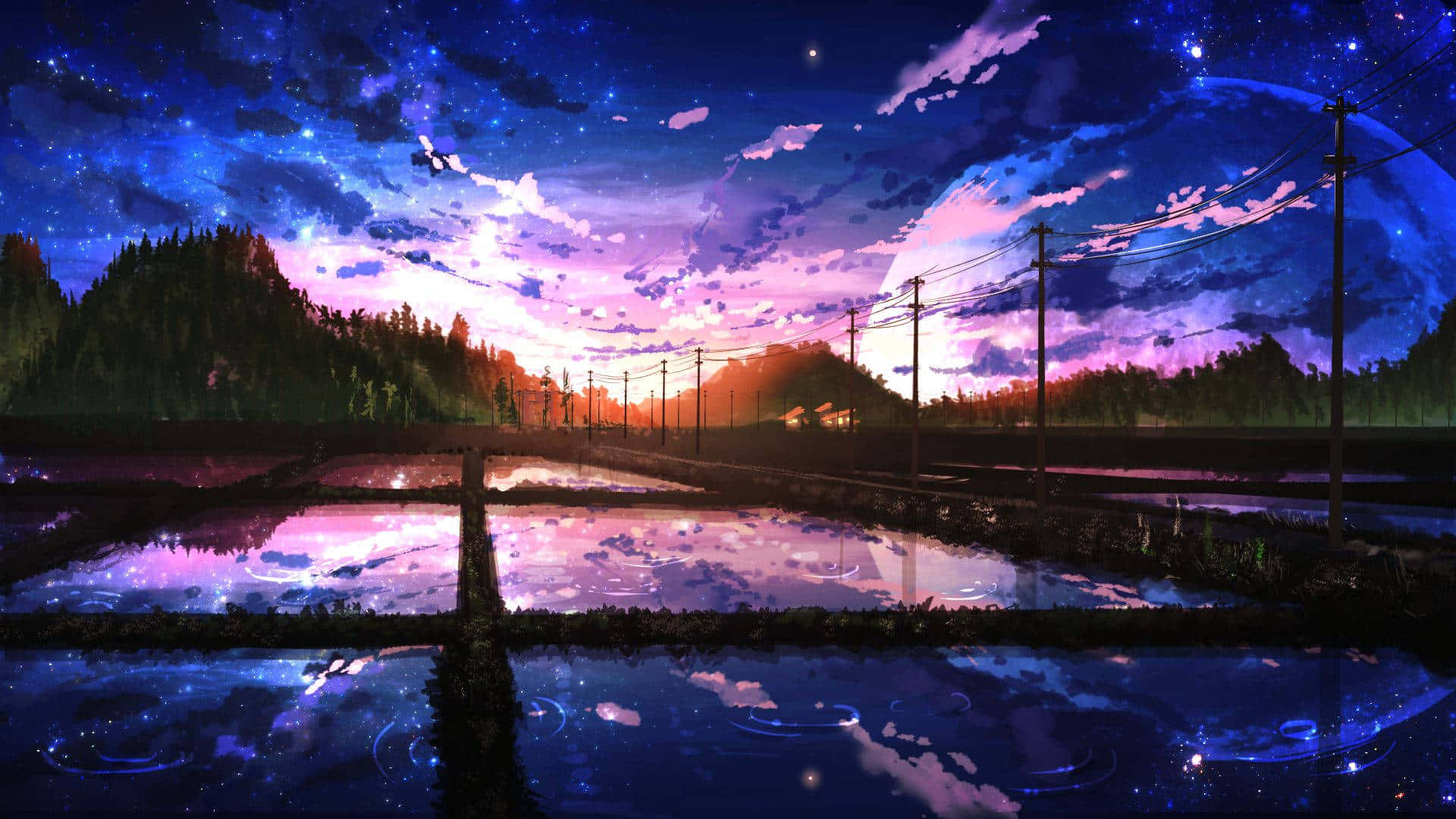 Violetti taivas maatilamaisema kaunis anime maisema Taustakuvat