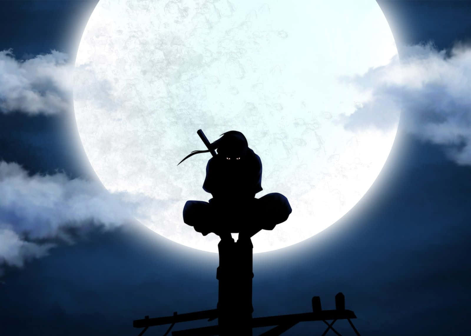 Voimakas ja salaperäinen hahmo, Uchiha Itachi, seisoo kuunvalossa. Taustakuvat