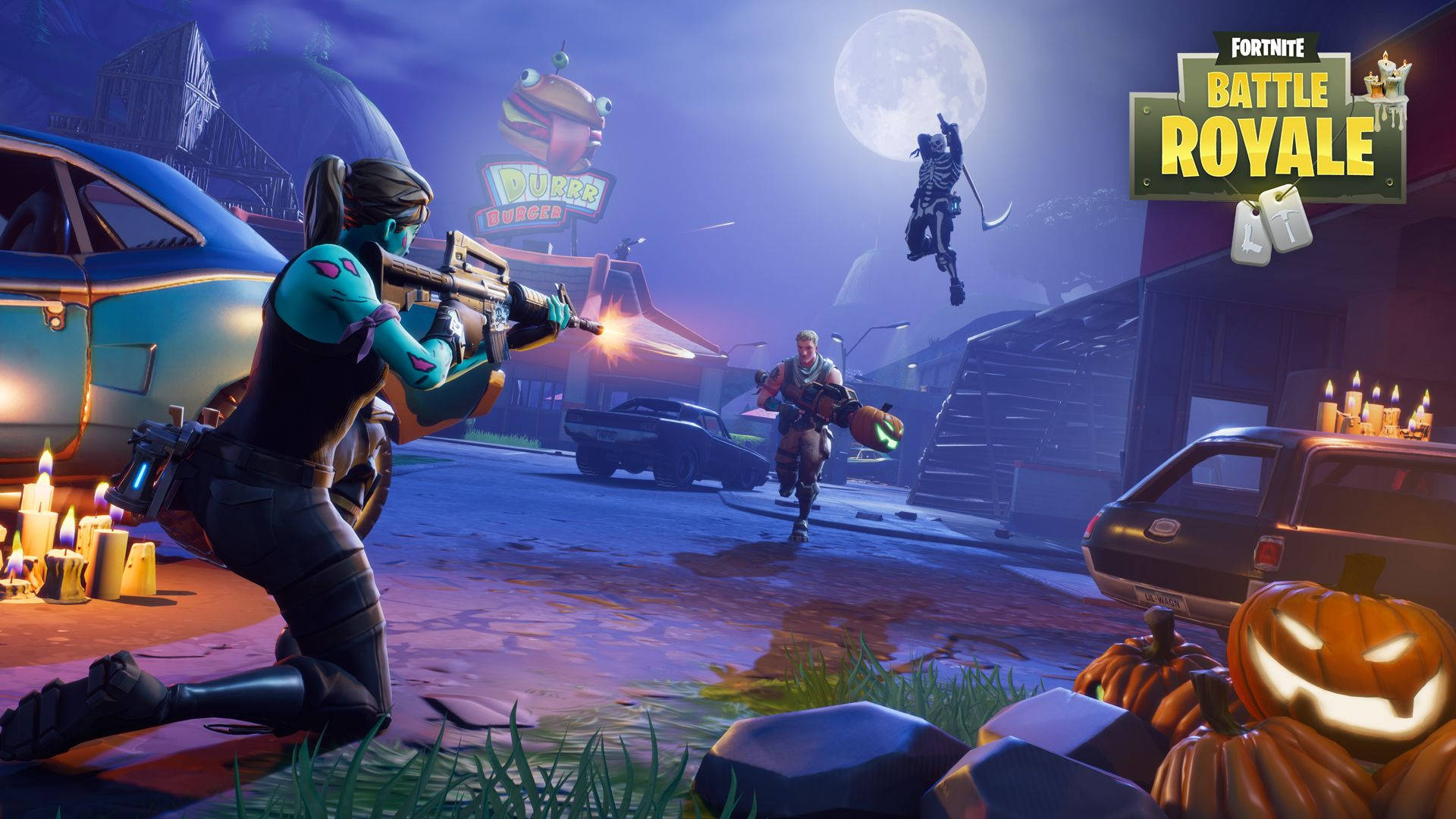 Yötaistelu kolmen hahmon välillä Fortnite-taustakuvassa.