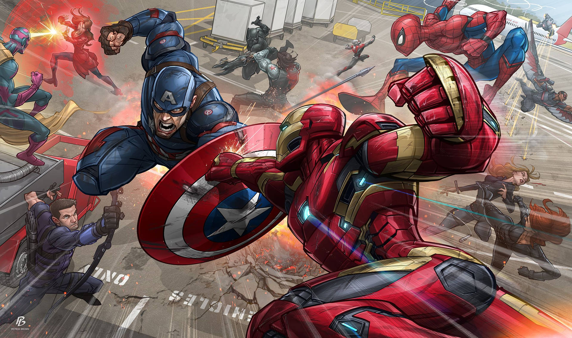 Marvel-supersankarit Kapteeni Amerikka ja Rautamies taistelemassa