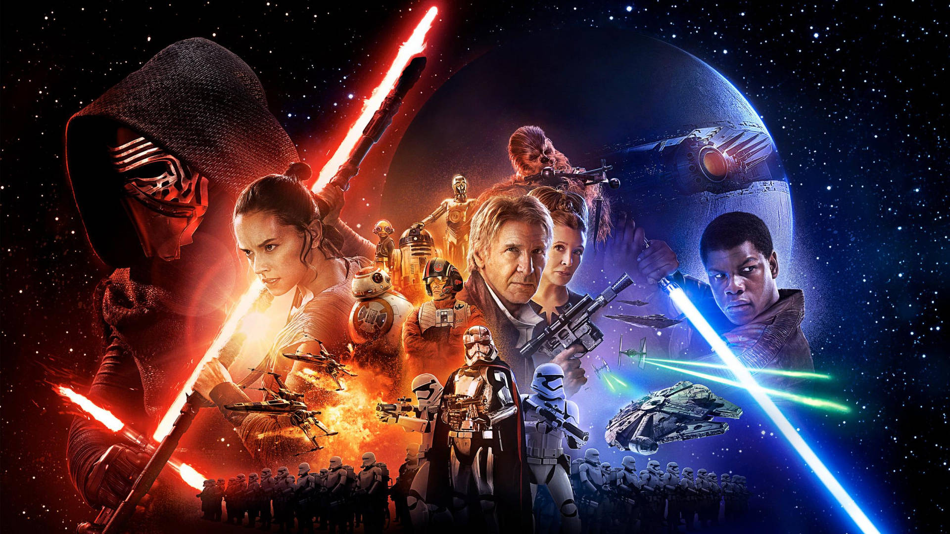 Mahtava taustakuva Star Wars -hahmoista punaisessa ja sinisessä joukkueessa salamamiekkojen kanssa