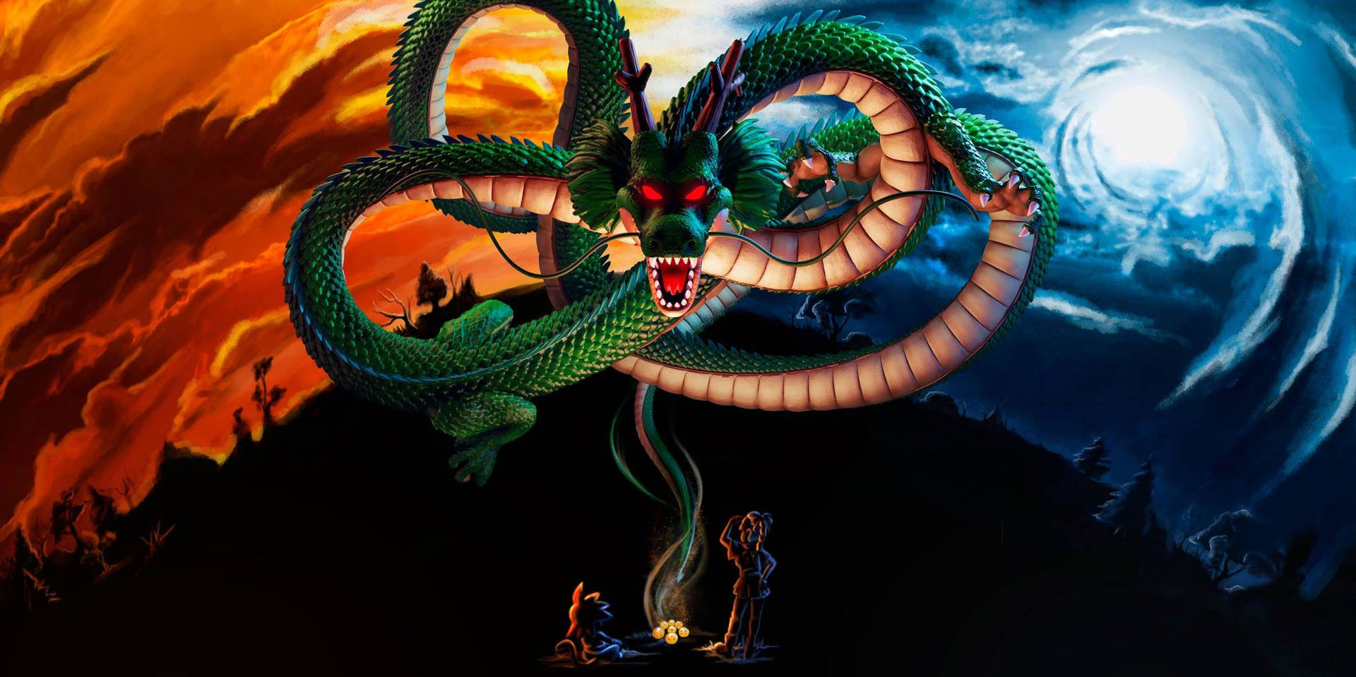 Dragon Ball Z super broly vihreä pitkä lohikäärme Shenron pelottavilla punaisilla silmillä planeetta Namekilla.