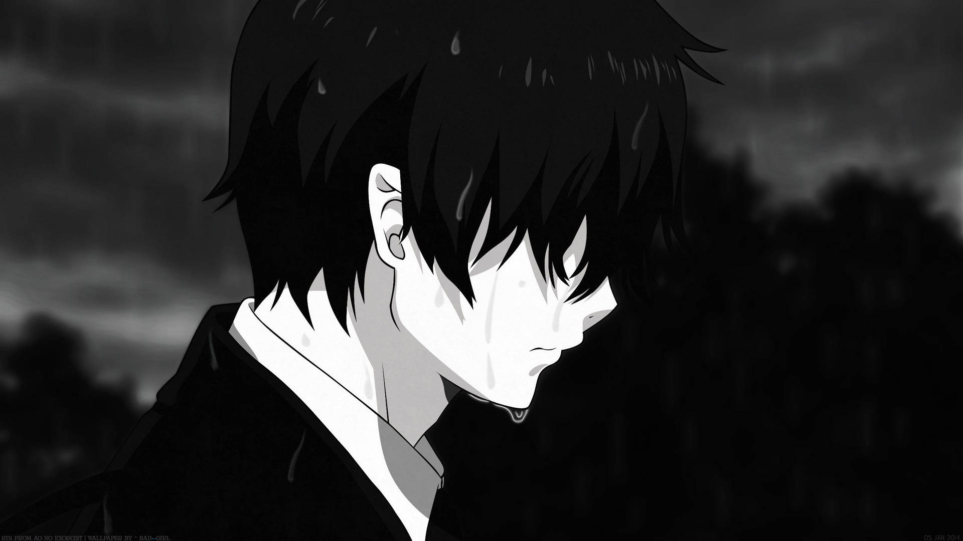 Animepoika itkee sateessa taustakuva