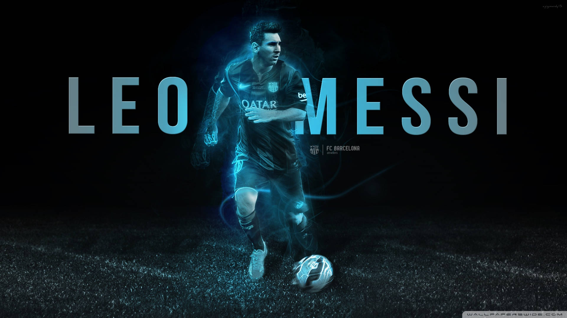 Leo Messi neon sinisessä valossa sinisellä nimitekstillä varustettu taustakuva