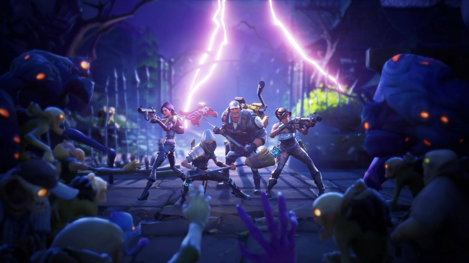 Zoomaus Fortniten jännittäviin taisteluihin zombiarmeijoiden ja rohkeiden ryhmien välillä Taustakuvat
