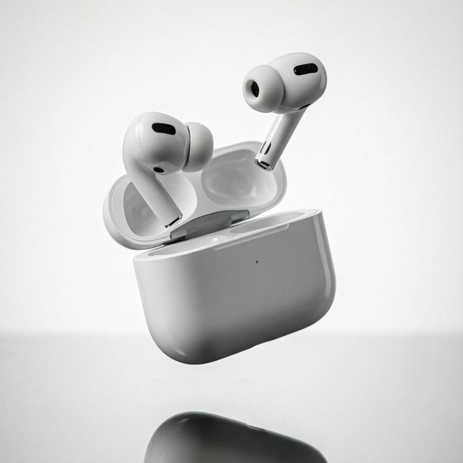 AirPods leijumassa ilmassa, tuotekuvaus