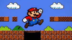 Pikselitaidetta Mariosta hyppäämässä kuopan yli klassisella 8-bittisellä Super Mario -tasolla, retro ja nostalginen. — Mario Taustakuvat