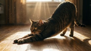 Kissa venyttelemässä auringonsäteessä puulattialla. — Kissa Taustakuvat