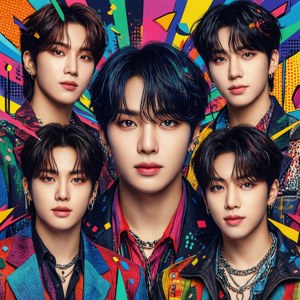 Eläväinen pop-taiteen tyylinen albumin kansi, jossa on Kpop-yhtye