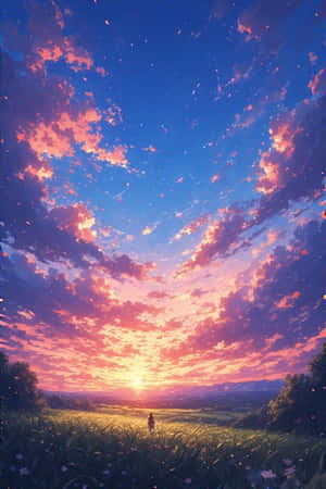 anime auringonlasku, maalaismaisema, unenomainen taivas, eteerinen, eloisat värit, taustakuva, digitaalinen taide, anime maisema, maaseutu, kaunis, rauhallinen, tyyni — Anime maisema Taustakuvat