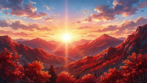Anime-tyylinen eloisa punainen vuoristomaisema laskevan auringon kanssa