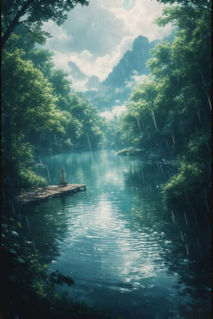 anime,järvi,sade,metsä,vihreä,savu,vuoret,laituri,rauhallinen,melankolinen,luonto,maisema,4K — iPhone 4 Taustakuvat