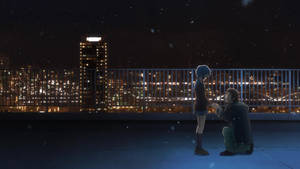 Animekoulun maisema Yuki Nagato ja Kyon koulun katolla yöllä