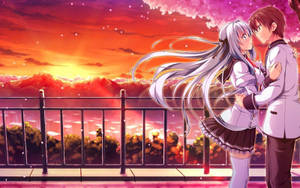 Animepariskunta halaa auringonlaskussa — Anime halaus Taustakuvat