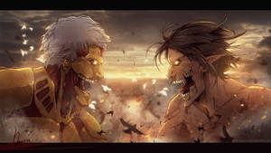 Armored Titan kohtaa Attack Titanin Shiganshinan taistelussa Attack on Titan -taustakuvassa.