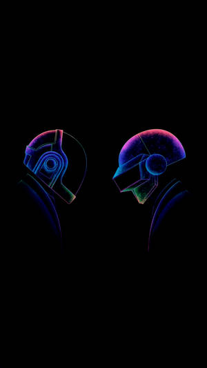 AMOLED-taustakuva Daft Punkista hehkuvissa sinisen, violetin ja vihreän väreissä.