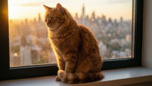 Oranssi tabbykissa siluettina kultaisen auringonlaskun edessä kaupungin yllä. — Kissa Taustakuvat