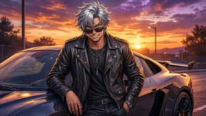 Tyylikäs animepoika poseeraa urheiluauton kanssa auringonlaskussa.