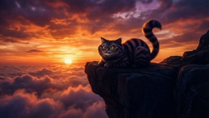 Cheshire-kissan siluetti värikästä auringonlaskua vasten. — Cheshire Cat Taustakuvat