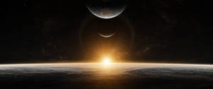 Avaruuden auringonnousu valaisee planeettoja -taustakuva — 3440x1440 Taustakuvat