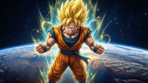 SSJ4 Goku leijuu avaruudessa Maan kanssa takanaan.