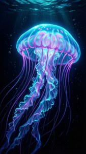 Hehkuva meduusa neon syaanilla ja violetilla mustassa meressä amoled