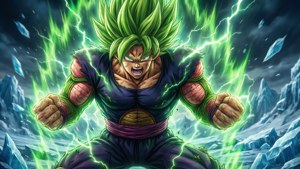 Dramaattinen kuvaus Brolysta legendaarisena super-saiyanina, säteillen voimaa jään ja tuhon keskellä. — Lohikäärmeen pallo super broly Taustakuvat