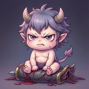 Suloinen chibi-versio Sukunasta vauvana, jolla on ärtynyt ilme. — Galaxy Watch Taustakuvat