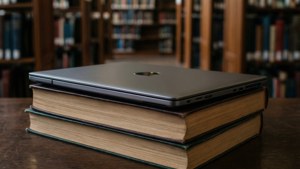 Chromebook lepää kirjojen päällä kirjastossa, täydellinen opiskeluteemoihin.