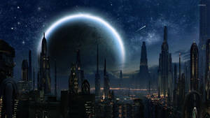 Star Wars -taustakuva korkeista rakennuksista ja suuresta kuusta Coruscantista modernissa kaupungissa.