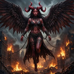 Tylsä anime-demoni tyttö sarvilla ja siivillä palavan kaupungin yllä.