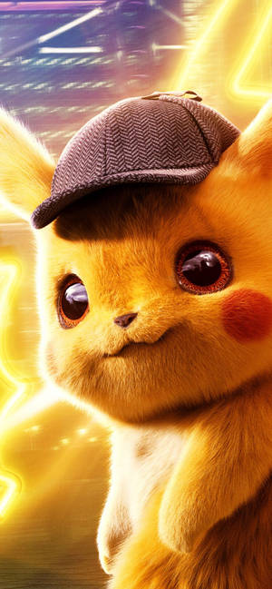 Detective Pikachu keltaisilla neonvaloilla -taustakuva — iPhone 12 Taustakuvat