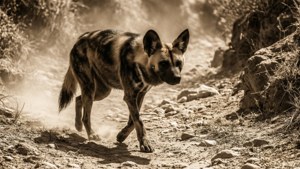 Dingo kulkee kuivaa joenuomaa Australian sisämaassa seepiasävyin.