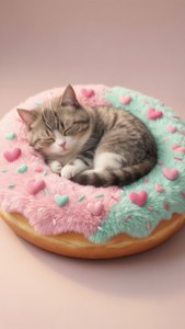 Pusheen nukkumassa donitsin muotoisessa sängyssä, erittäin söpö kawaii-taustakuva kissanystäville. — iPhone 7 Plus Taustakuvat