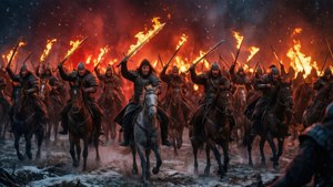 Dothraki-soturit syöksyvät liekehtivät miekat käsissään Kuolleiden armeijaan — Game of thrones kausi 8 Taustakuvat