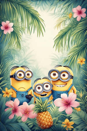 Minions,taustakuva,4K,trooppinen viidakko,palmunlehdet,vaaleanpunainen,vaaleankeltainen,kukat,ananas — iPhone 4 Taustakuvat