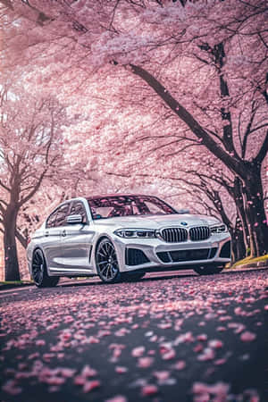 BMW, kirsikankukat, kevät, esteettinen, autotaustakuva, kukkiva, rauhallinen, tyyni, luonto, luksusauto — Esteettinen Taustakuvat