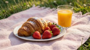 Pehmeä esteettinen eväsretkitaustakuva, jossa croissant ja mansikoita vaaleanpunaisella huovalla. — Pehmeä estetiikka GIF Taustakuvat