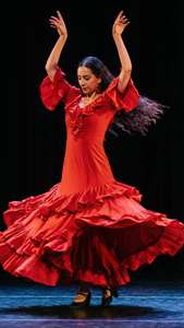Intohimoinen flamenco-tanssija pyörähtää punaisessa mekossa dramaattisten valojen alla. — Tanssi Taustakuvat
